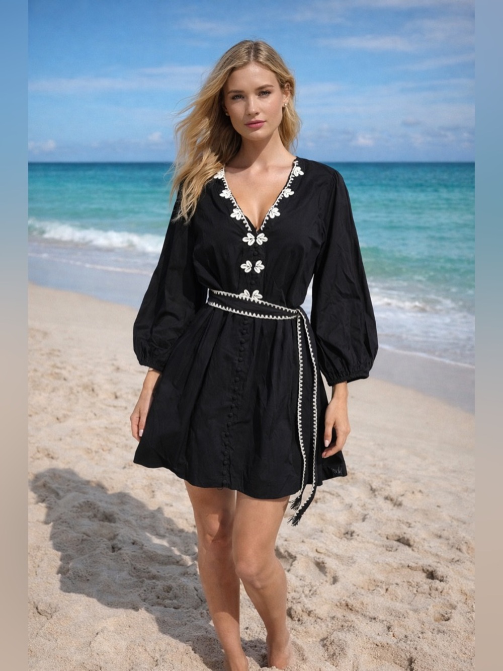 Marea Solana Dress Batik Black Cotton Shell Trim Belted Boho Mini Size S NWT